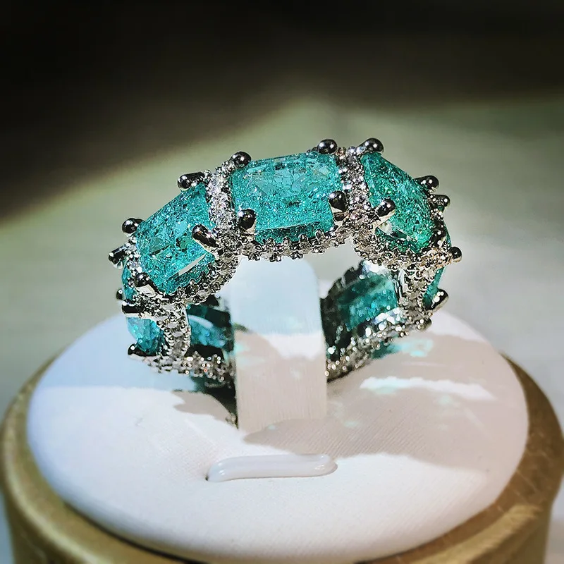 Gemstone Ring 925 Stamp High-definition Paraiba Zircon Heavy Industry Inlaid Aquamarine Topaz Women's Party Birthday Gift