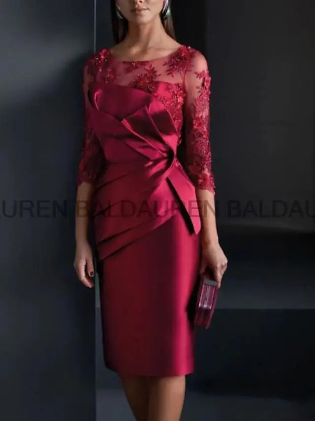 Mother of the Bride Dress Shealth Scoop Satin Flowers 3/4 Sleeve With Appliques Short Groom Mother Of Dresses customized