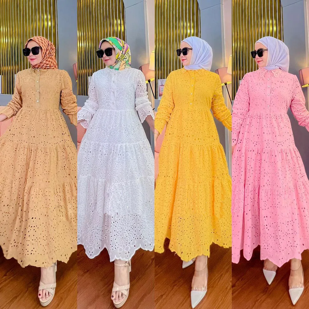 Long Dresses With Sleeves Islamic Southeast Asian Indonesian Women's Clothing Embroidery Hollow Lace Dress Ensembles Musulmans