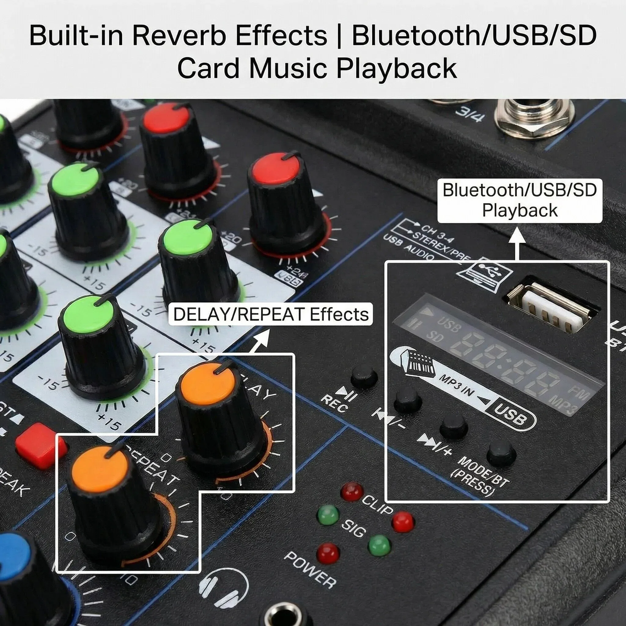 4채널 미니 오디오 믹서 USB 블루투스 사운드 믹서 +48V 팬텀 파워 DJ 믹서, 라이브 스트리밍, 팟캐스팅, 노래방 녹음용