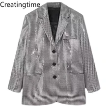 

Creatingtime 2022 Spring Autumn New Fashion Tide Women Notched Single Breasted Sequin Patchwork Loose High Street Blazer GA348
