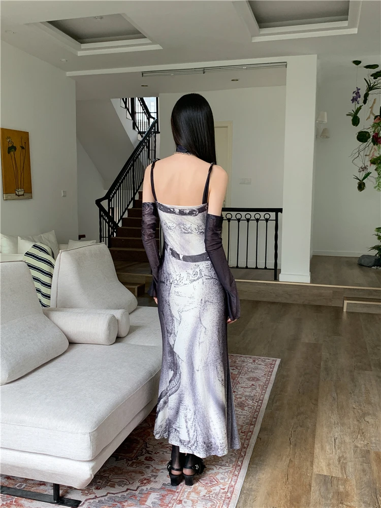 CHEERART Backless Patchwork Mesh Long Slip Dress For Women