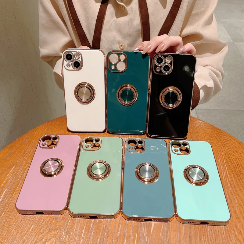 Silicone Ring Holder Phone Case For iPhone 11 12 13 14 15 Pro Max Mini X XR 8 Plus With Rotate Kickstand Shockproof Cover