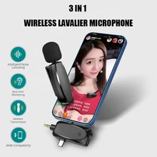 

3 in 1 Wireless Lavalier Microphone with Audio Monitor Function 120m Range Vlog Youtube Mic for Android Iphone Computer Camera