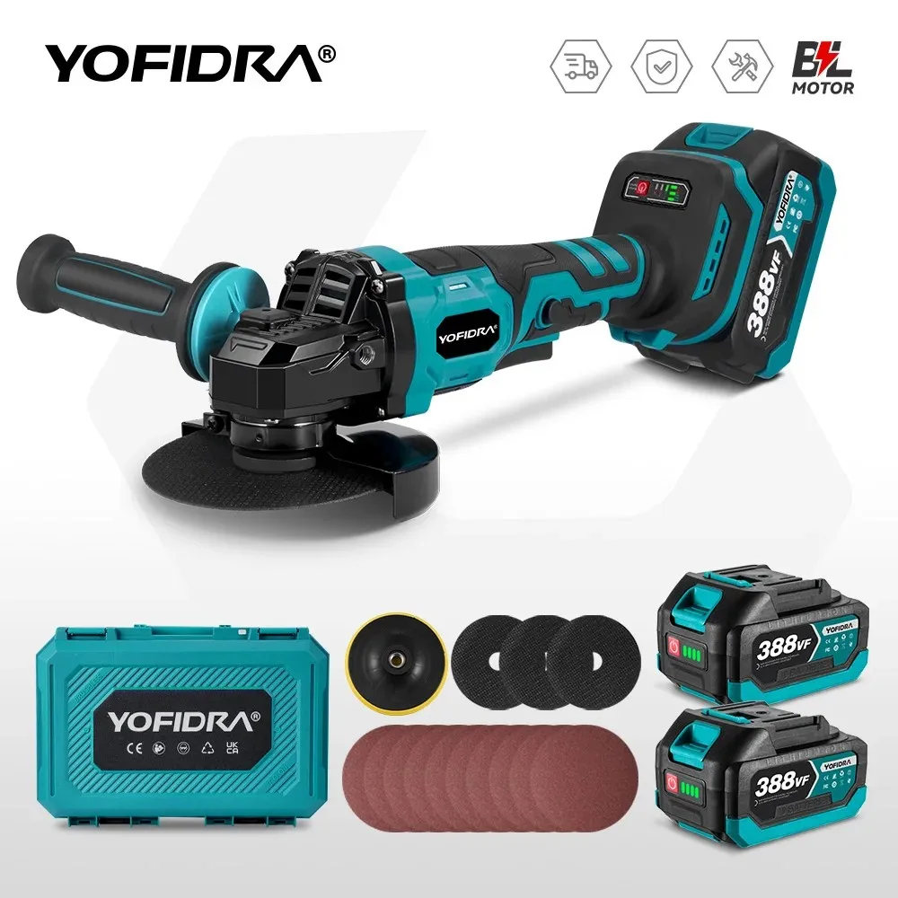 YOFIDRA Esmerilhadeira Elétrica Brushless 125mm 3000W 3 Velocidades Polimento Corte Máquina Madeira Ferramenta Elétrica Compatível com Bateria Makita 18V Pino