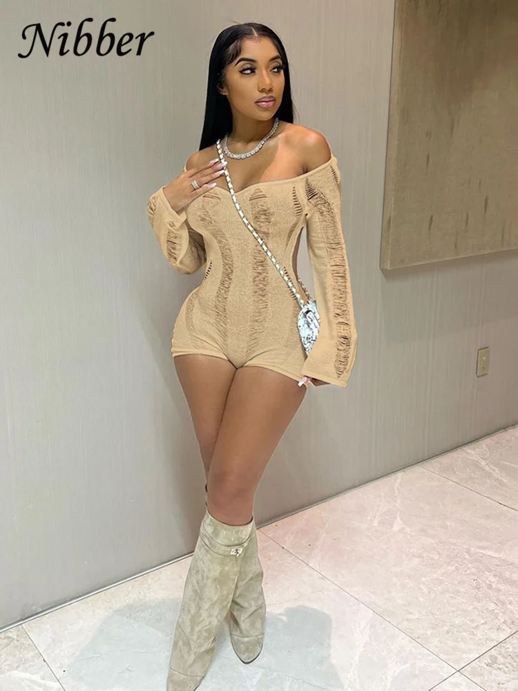 Nibber Rip Romper Women See Through Summer One Word Collar Backless Sexy Skinny Fitness Playsuit Activity Party Clubwear