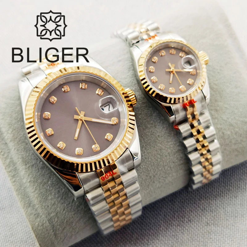 Bliger 26Mm/40Mm Lovers Watch Per Uomo E Donna Orologio Da Polso Meccanico Two-Tone Rose Gold Grey Dial Sapphire Glass Jubilee Strap