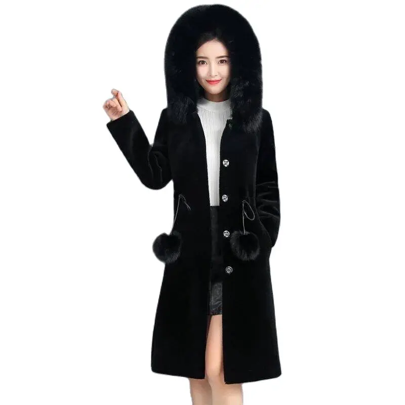 

Winter Plush Thicke High Quality Imitation Fox Fur Collar Hooded Coat Faux Fur Coat Women's Mid-Long Mother Loose Wool Jackets
