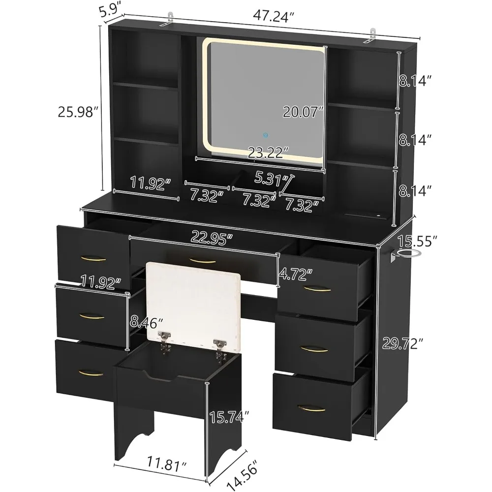 47" Large Vanity Desk with Mirror and Lights, LED Black Vanity Set with Stool and Power Outlet, Lighted Make up Vanity Desk with