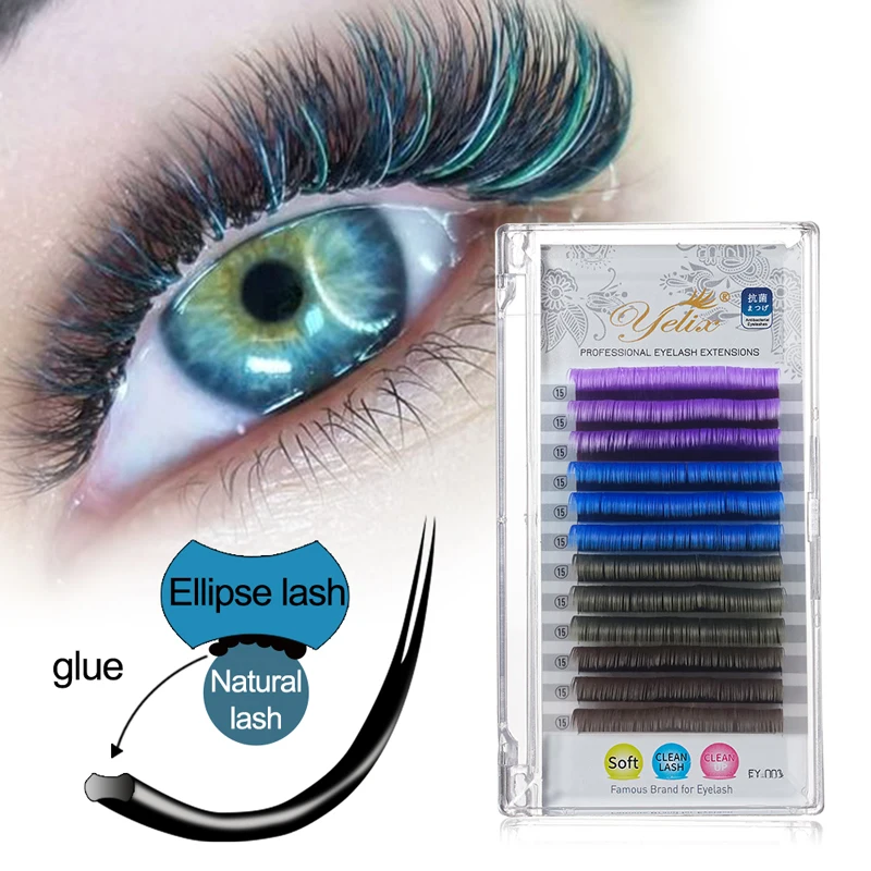 Yelix Colored Ellipse Flat Eyelash Extensions Purple Blue Brown Green Lashes Individual False Natural Mink Lashes