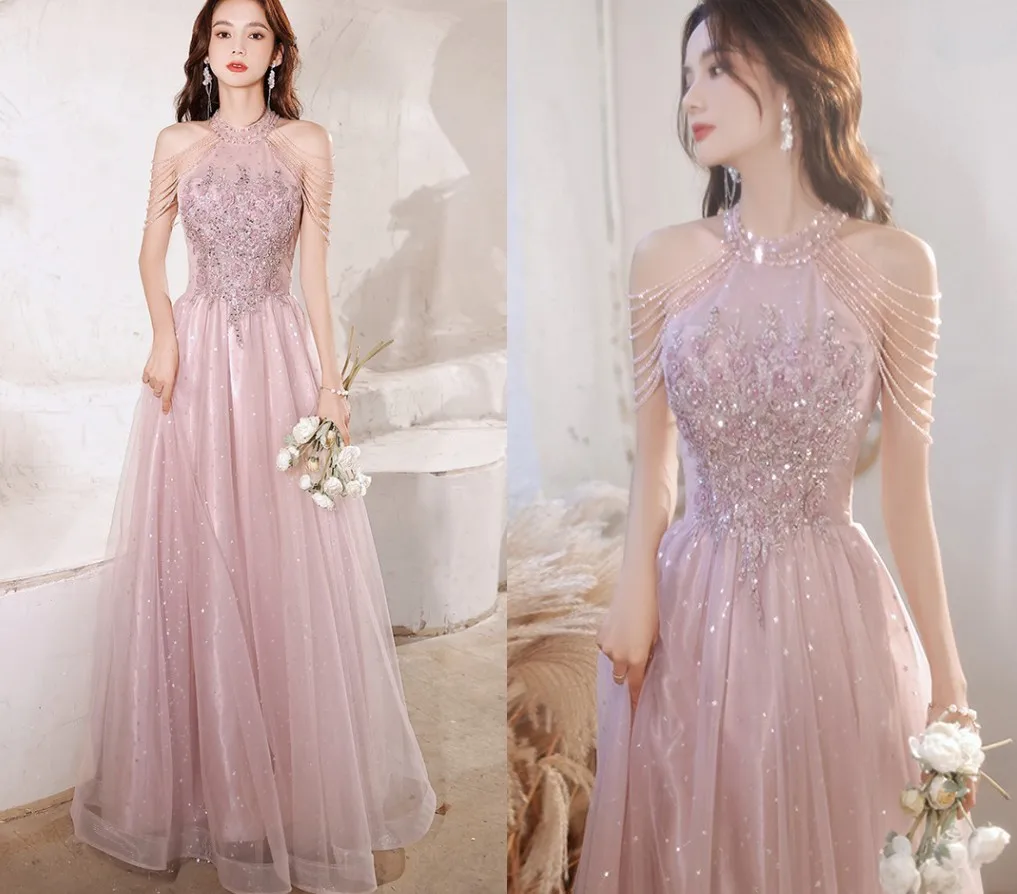 

Роскошные розовые/синие вечерние платья с бисером Дубаи для женщин, с лямкой на шее, кристаллами, кисточками, блестками, арабские платья для выпускного вечера