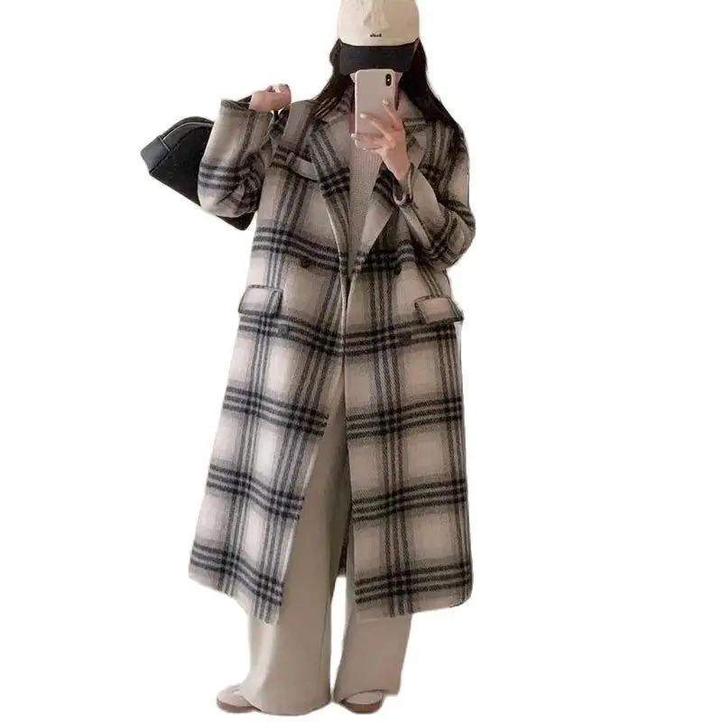 

Клетчатое шерстяное пальто для женщин, Осень-зима 2024, новое корейское высококачественное свободное утепленное шерстяное пальто в клетку