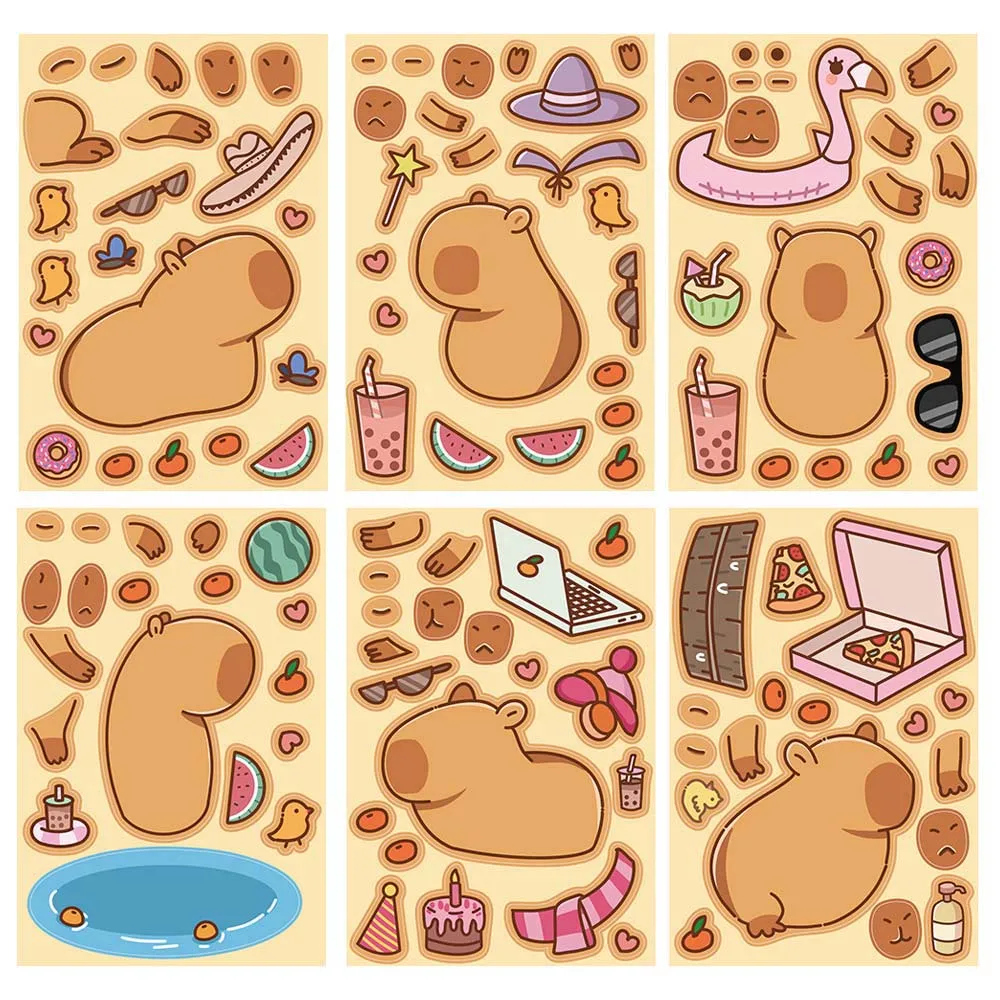 

8/16Sheets Cartoon Cute Capybara Make-a-face Puzzles Varied Graffiti Stickers DIY Helmet Laptop Notebook Travel Luggage Decals