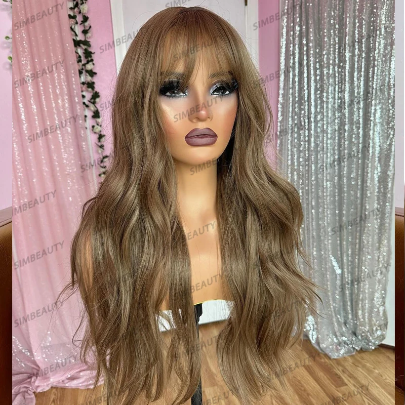 

Transparent Lace Caramel Blonde Long Wavy Human Hair Wigs for Women Glueless 180Density Fringe 13x4 Lace Front Wigs with Bangs