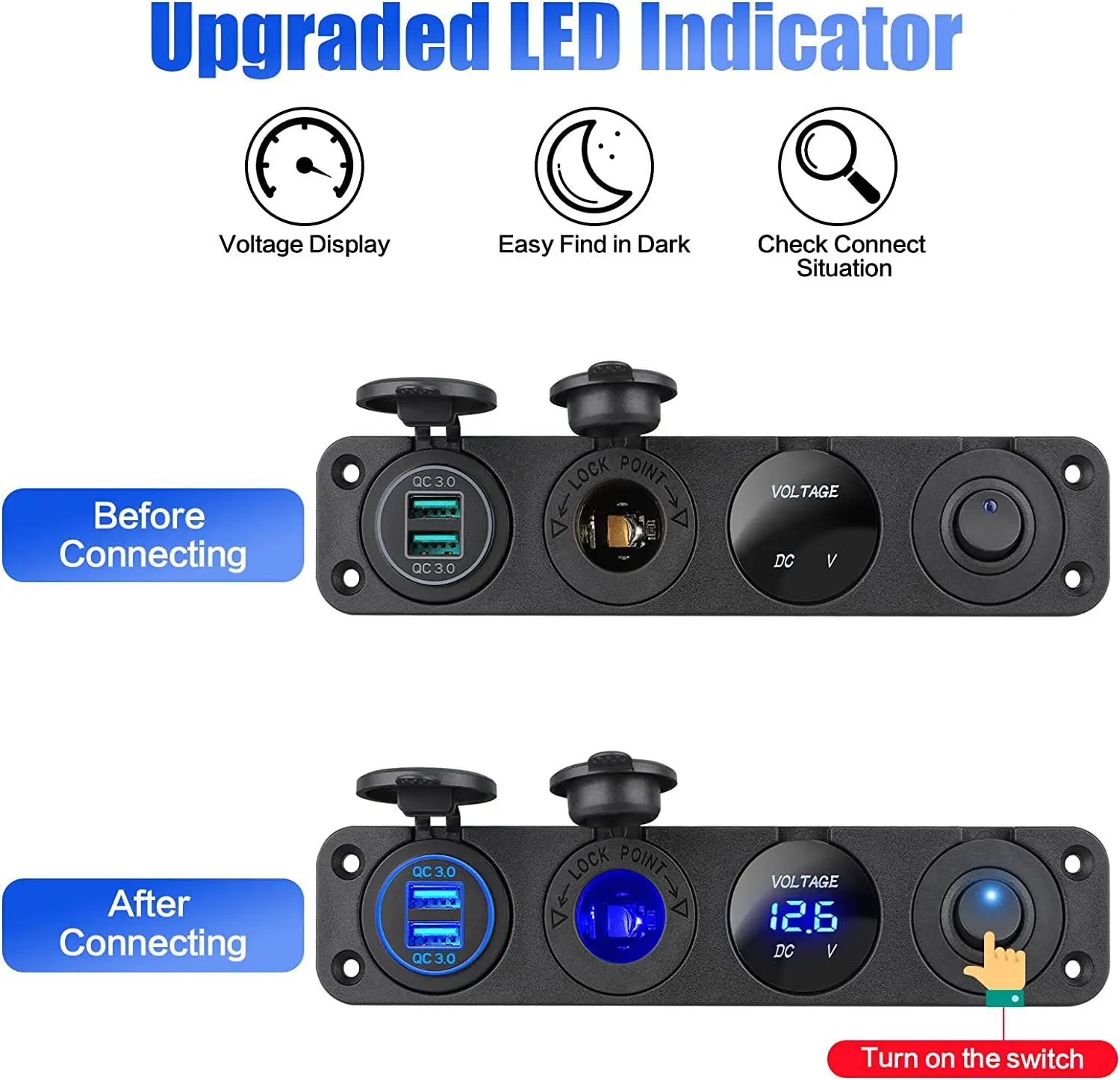Presa USB 12V Marine Interruttore Pannello Spina da 12 Volt, PD3.0 e Doppia Porta USB QC3.0 Caricabatterie da Auto in Alluminio, Attacco Accendisigari Iimpermeabile da 150W 2 in 1 Kit per Barca
