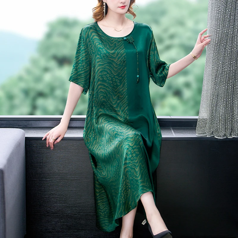 

2023 New Fashion Silk Printed Dress Women's Summer Vintage Round Neck Silk Beach Style Loose Fit Holiday Dress Vestidos