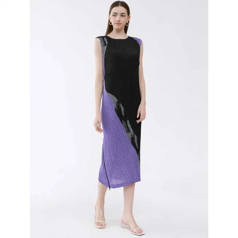 

ALSEY Pleated Marble Printed Sleeveless Back Zipper Dress Women Summer New Korean Fashion Causal Long Slim Aesthetic Dress