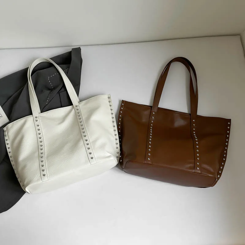 Women Girls PU Leather Studded Underarm Shoulder Bag Rivet Handheld Tote Bag for School Work Daily Use