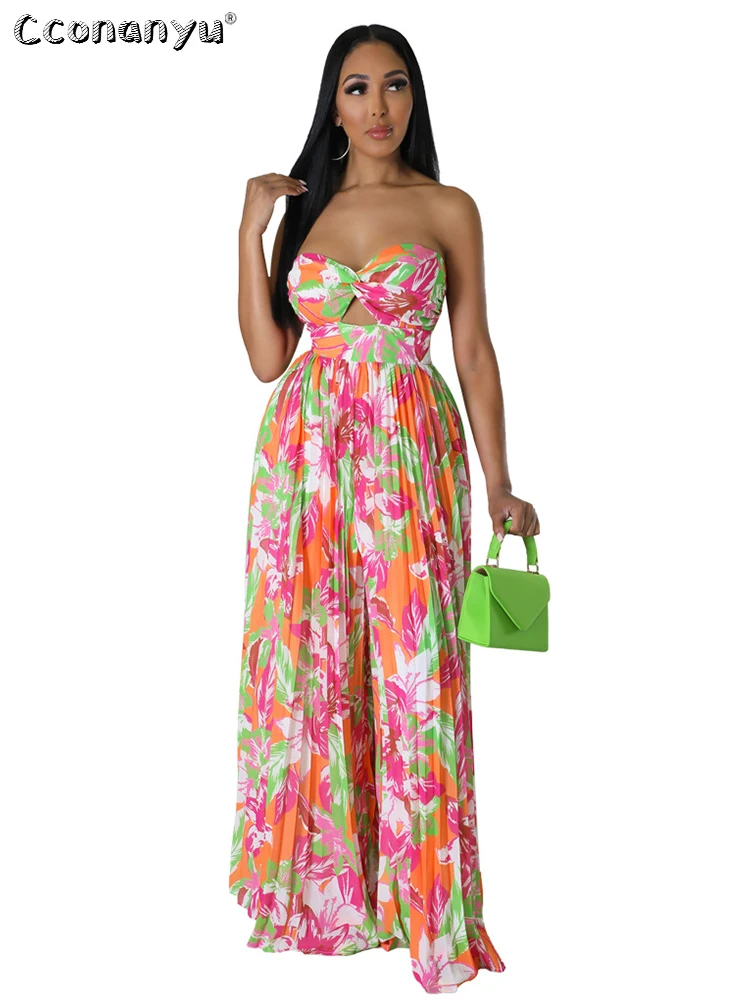 Summer JumpSuits for Women Printing Trousers Bouffant Strapless High Waist Rompers Jumpsuit Monos Mujer Holiday One Piece Outfit