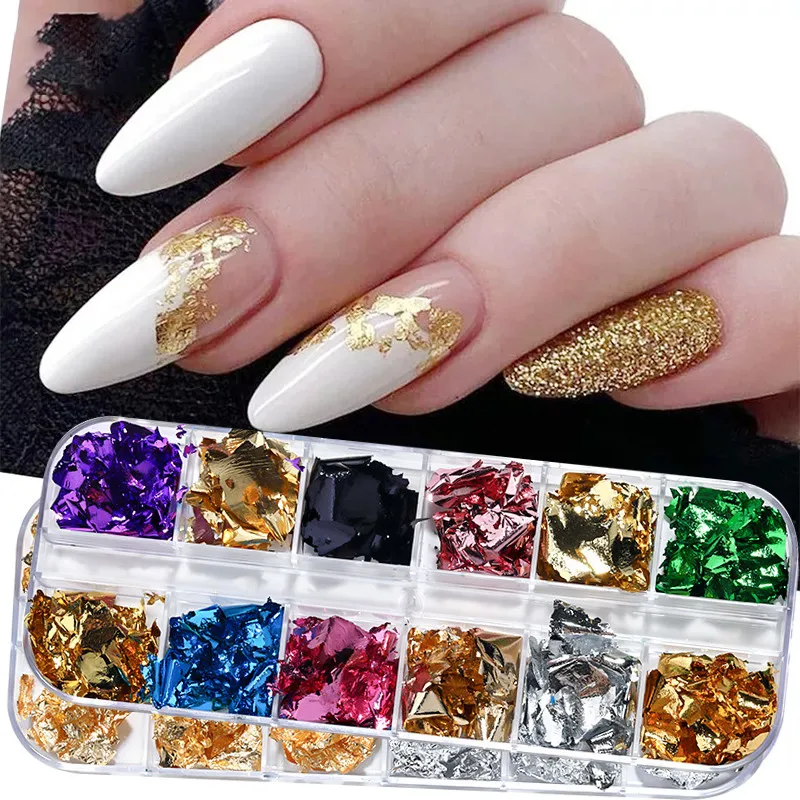 12 Grid Shiny Foil Nail Art Sequins Irregular Tinfoil Gold Gold Silver Rose Gold Nail Decorative Stickers DIY Nail Accessories