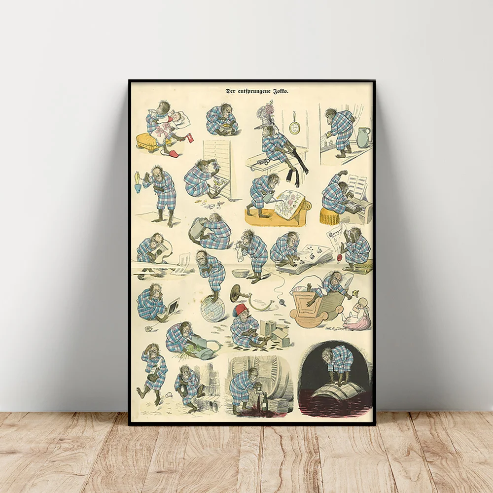 

Monkey Personification Vintage Illustration Art Print Poster Canvas Painting Animal Wall Stickers Decor
