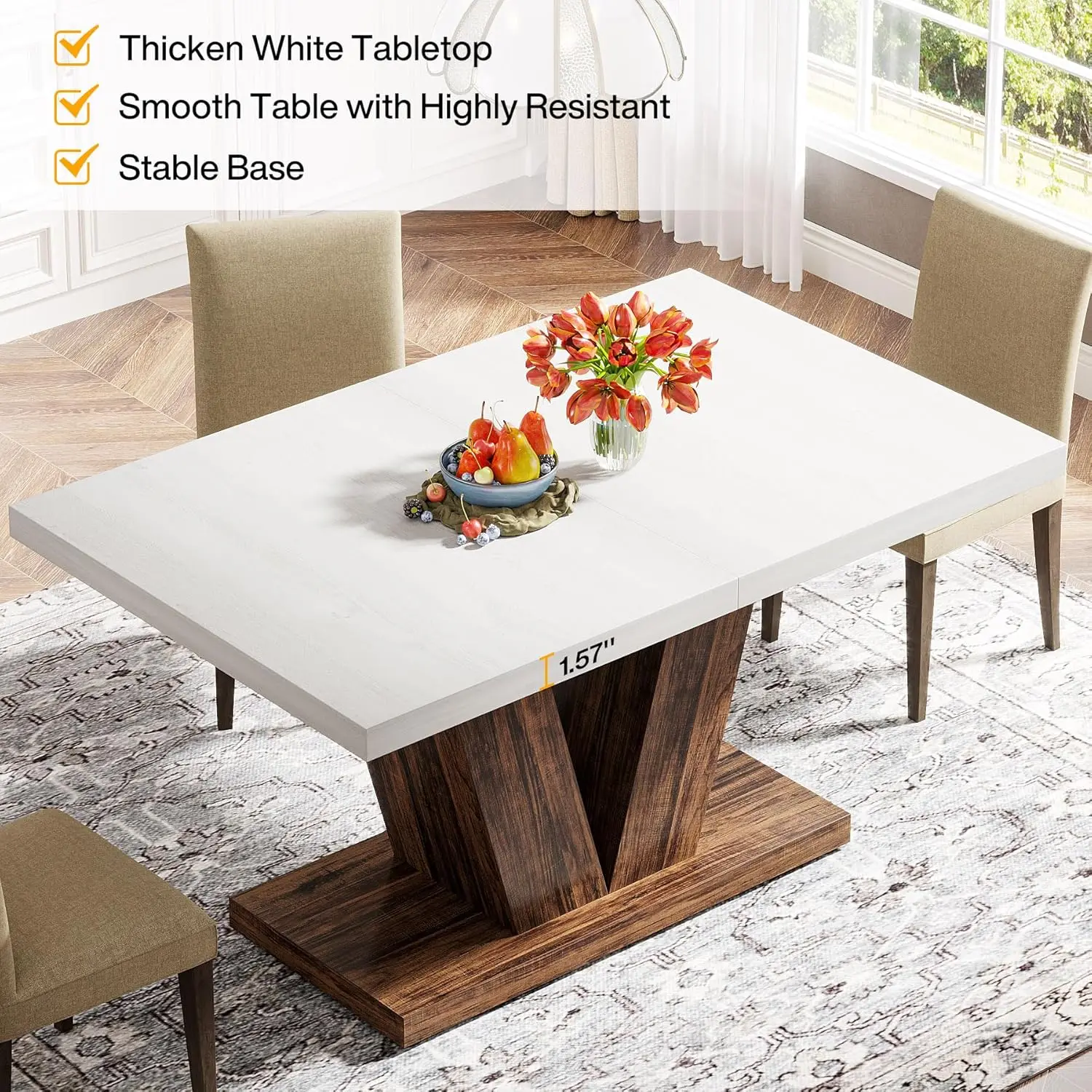 47-Inch White Farmhouse Dining Table for 4, Wooden Kitchen Table with Pedestal, Small Space Dining Room Use description