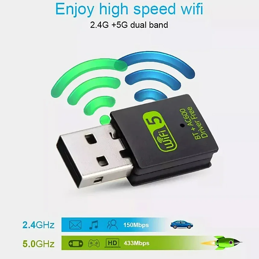 2 IN 1 미니 USB 와이파이 블루투스 어댑터 600Mbps 듀얼 밴드 5G/2.4G 와이파이 어댑터 AC600 BT 5.0 어댑터 무선 네트워크 카드 PC용