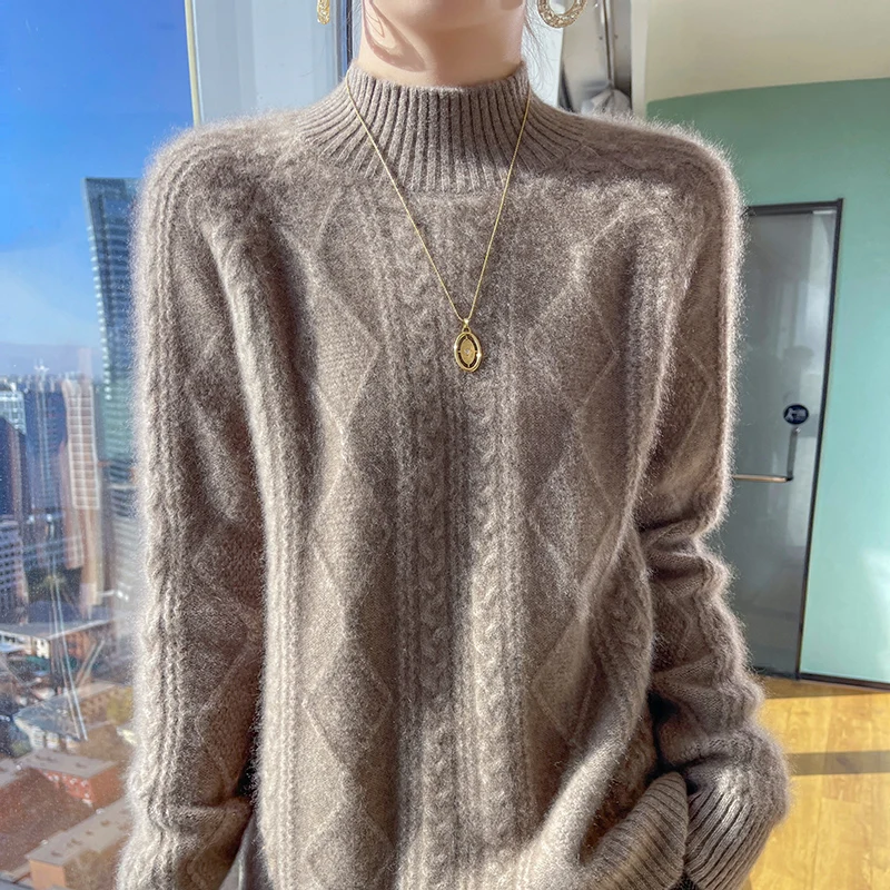 

autumn and winter New 100% merino wool women's semi-high neck diamond thick twist knitted cashmere sweater loose pullover