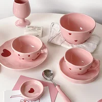 Salad Bowl Pink Heart Pattern Ceramic Plate Coffee Cup Children Dessert Bowl Household Cute Dinner Plates Restaurant Tableware