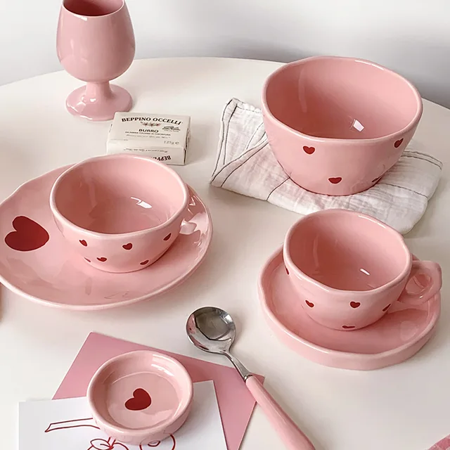 Salad Bowl Pink Heart Pattern Ceramic Plate Coffee Cup Children Dessert Bowl Household Cute Dinner Plates Restaurant Tableware