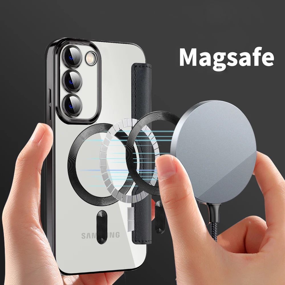 

For Magsafe Wallet Card Holerd Case For Samsung Galaxy S23 Ultra Plus Magnetic Leather Wallet Card Bag Transparent Phone Cover