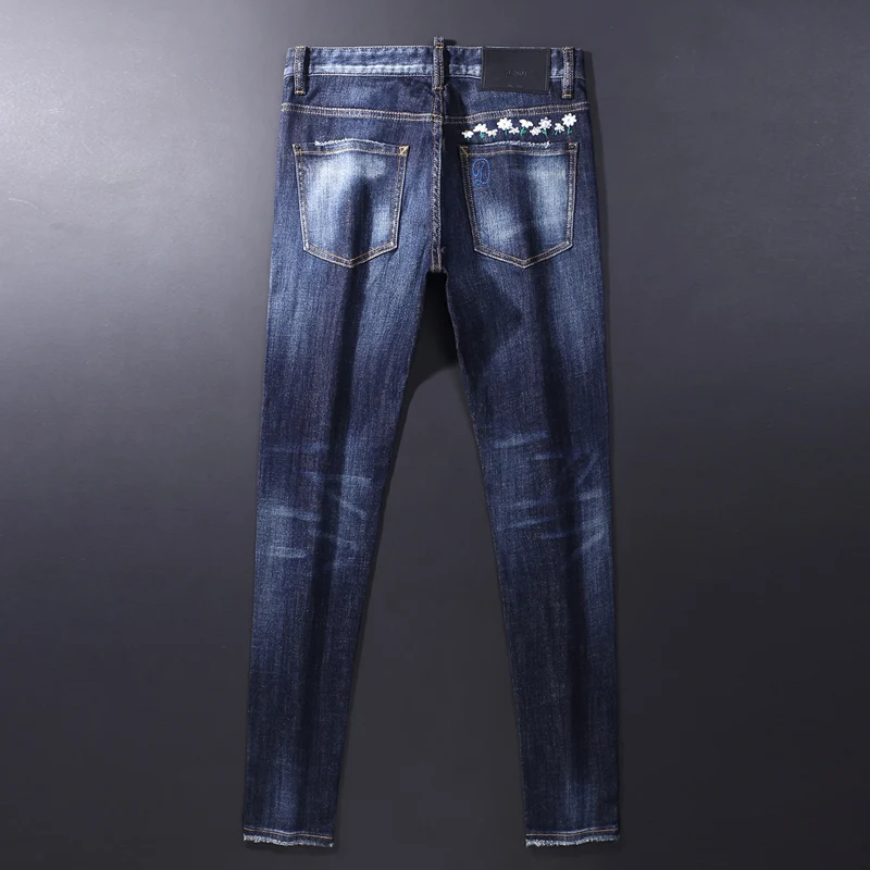Street Fashion Men Jeans High Quality Retro Blue Slim Fit Vintage Ripped Jeans Men Embroidery Designer Denim Brand Pants Hombre