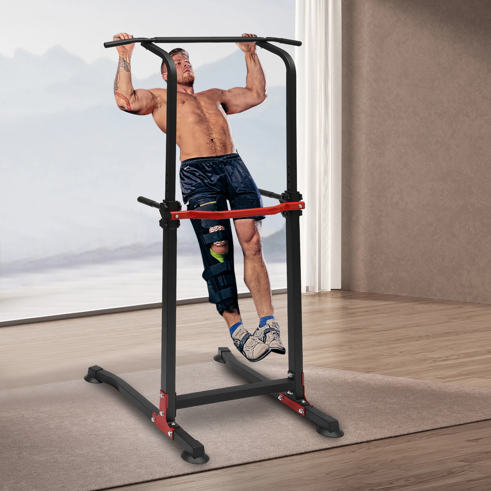 Power Tower Dip Station - Barre de traction multifonction ajustable pour pectoraux, dos et abdos