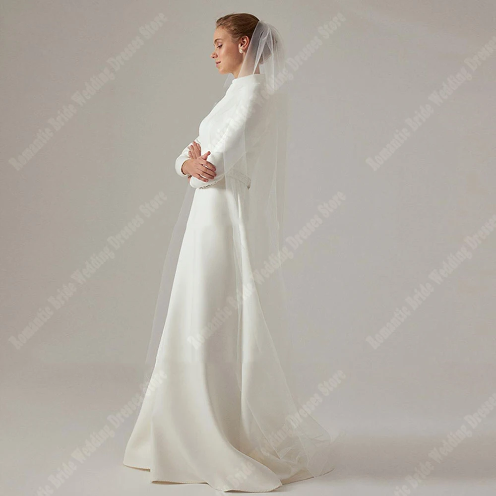 Boho Satin Fabric Women Wedding Dresses Pretty Long Sleeves Gowns Minimalist Style Mopping Length A-Line Party Robes Customized 2