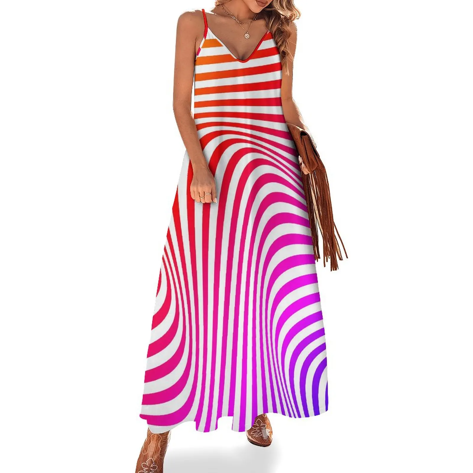 

Abstract Striped Dress Psychedelic Print Cute Maxi Dress Spaghetti Straps Stylish Boho Beach Long Dresses Summer V Neck Vestido