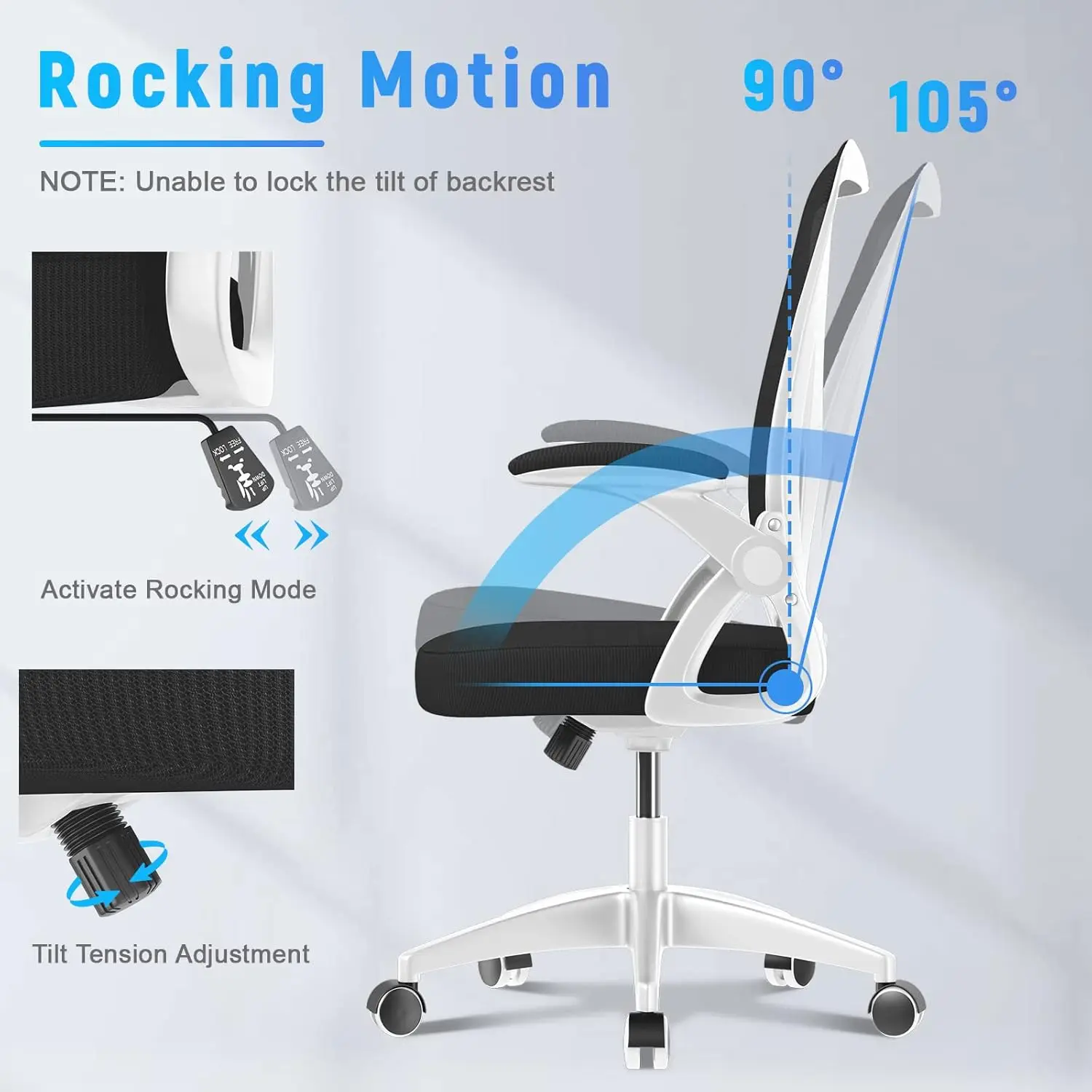 Ergonomic Office Chair,Mid-Back Computer Chair with Adjustable Height, Flip-Up Arms and Lumbar Support, Breathable Bright White