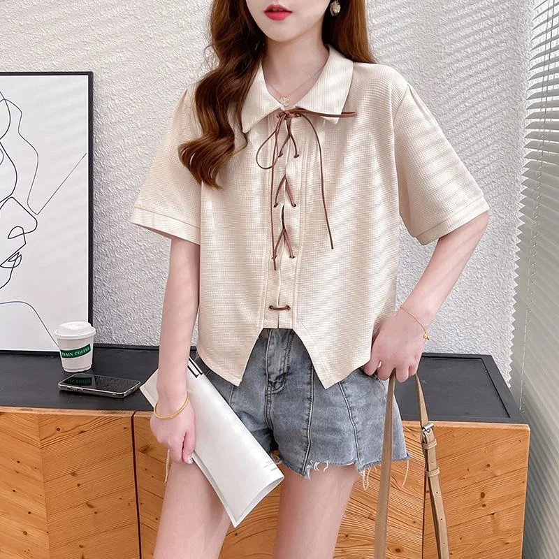 

DAYIFUN-Women's Bandage Sweet Retro T-Shirt Simple Sexy Slim Tops Summer Fashion Casual Korean Style Student Short-Sleeve Tees