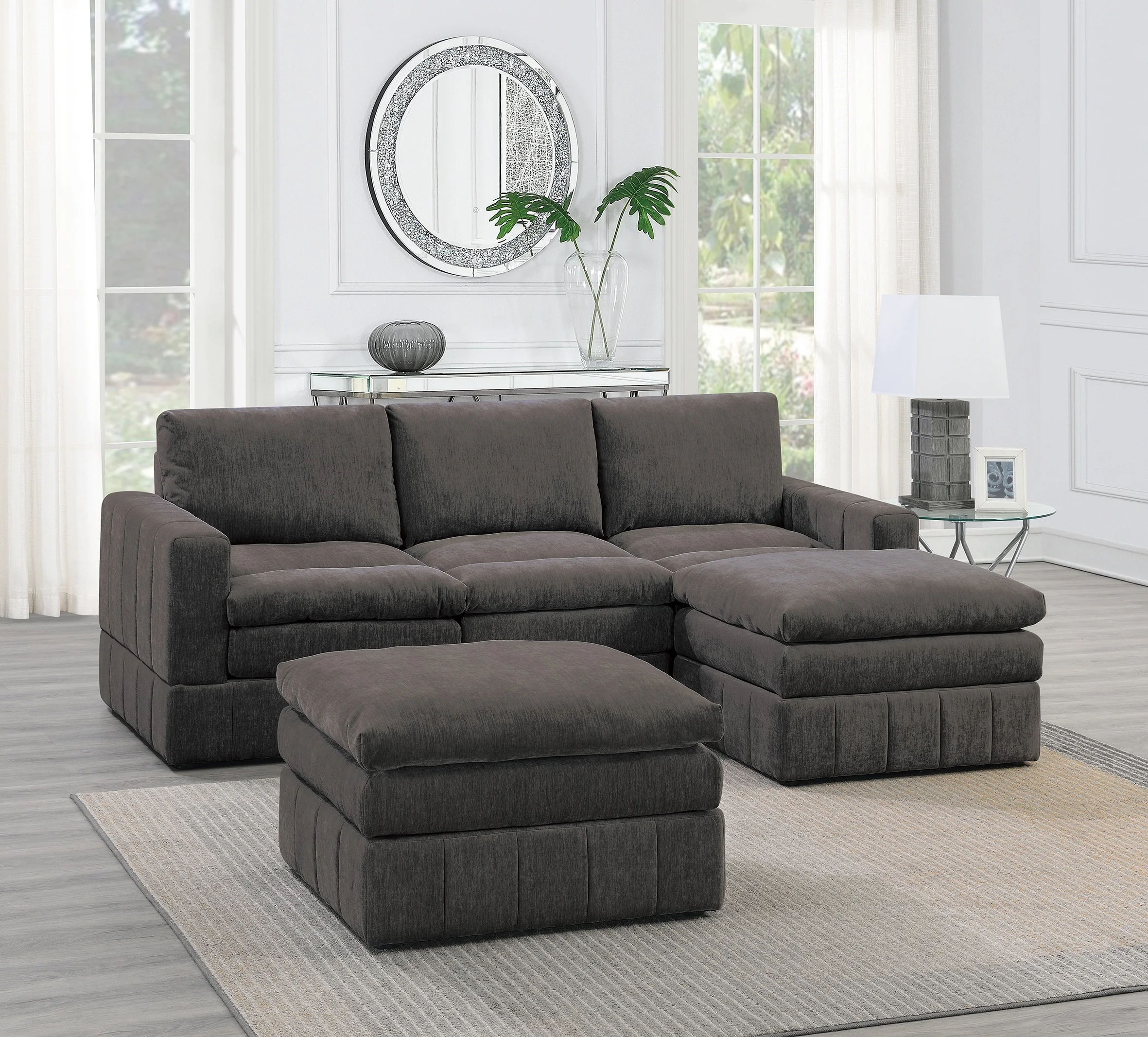 

Contemporary 5pc Set Modular Corner Sectional Set 2x One Arm Chair / Wedge 1x Armless Chairs 2x Ottomans Mink Morgan Fabric Plus