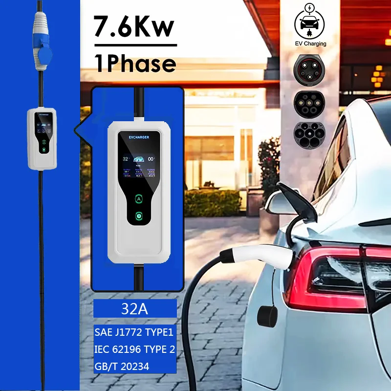 GBT 타입 1 타입 2 휴대용 EV 충전기, 7.6KW 충전 박스, 5M 케이블, EU CEE 플러그 IEC621962 전기 자동차 충전기, 자동차 액세서리