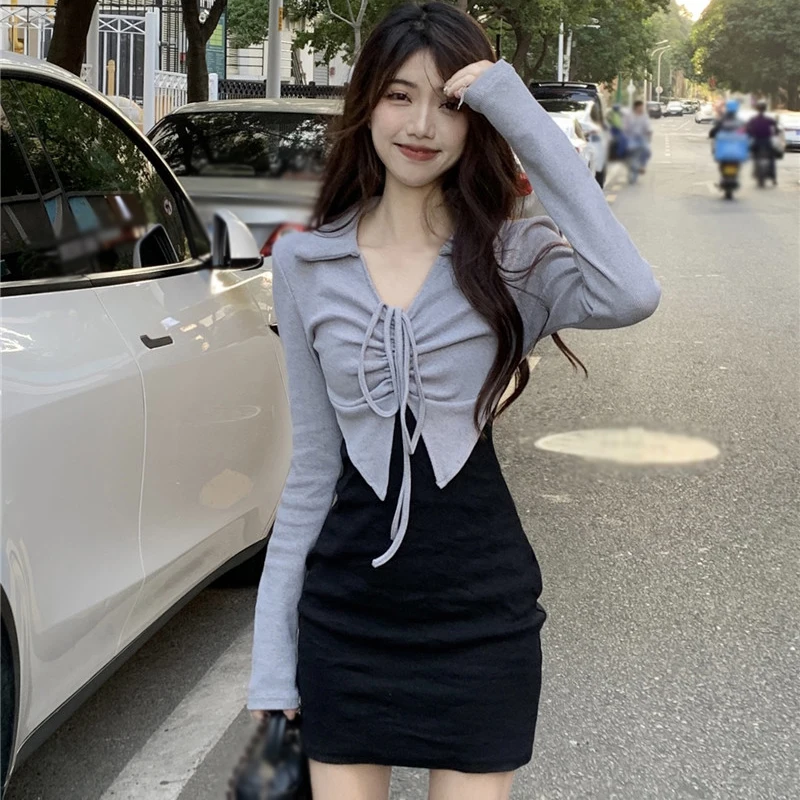 

Women's Dress Slim Bodycon Dress Contrast Color Spring Autumn Turndown Collar Fashion Long Sleeves Sweet Casual