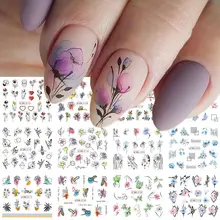12pcs Geometry Flower Leaf Nail Stickers Line Graffiti Painted Colorful Slider Lnk Blooming Water Decals Manicure SABN2113-2124