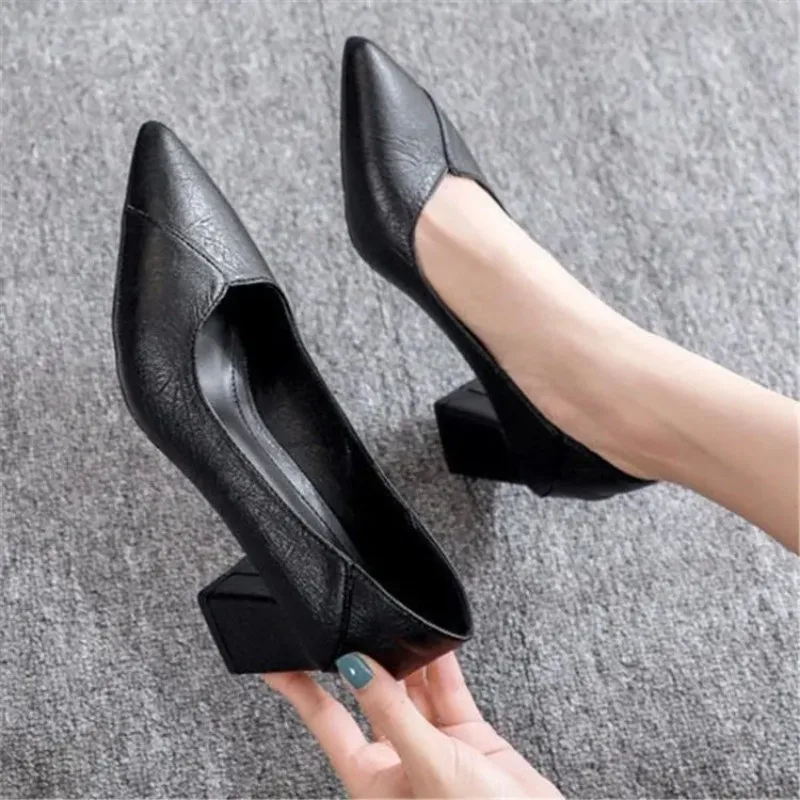

Pumps Women Shoes Shallow Chunky Heeled Pointed Toe Ladies Shoe Platform Soft Leather Slip on Women's Fashion Dress Office 2023