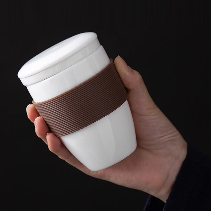 Chinese Style Tea Filtering and Separation Cups, With Cover White Porcelain Personal Mug, Home Drinkware Ceramic Office Cup, 1Pc