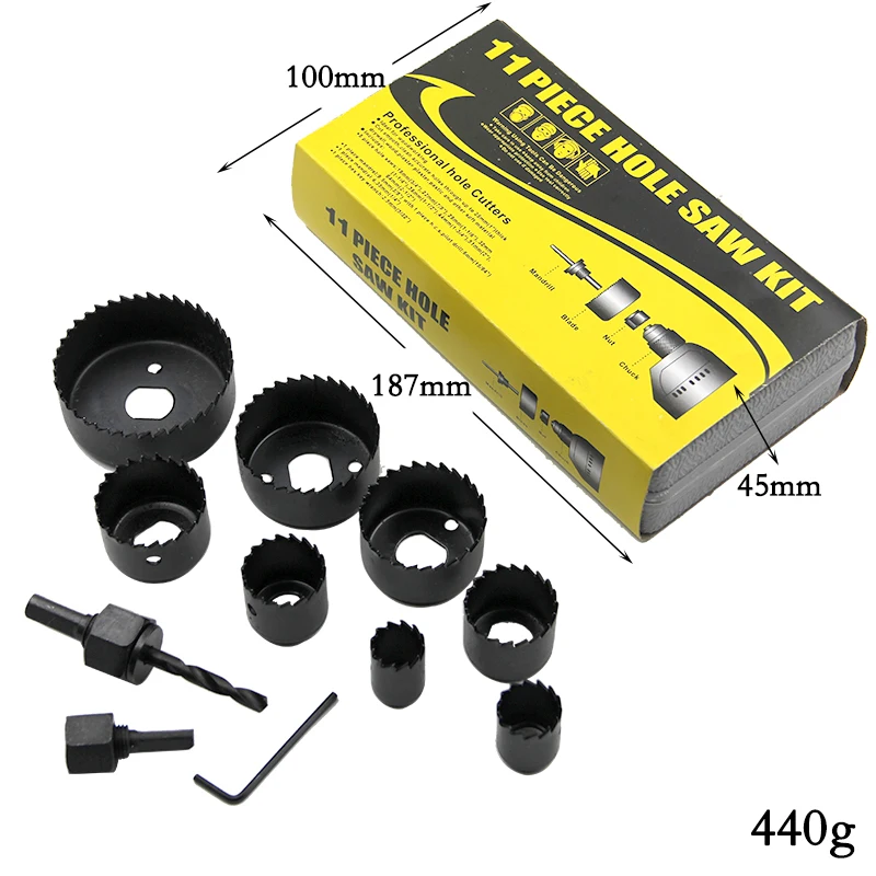 11pc Black Hole Saw Woodworking Gypsum Board Hole Opener 19-64mm Ceiling Hole Punching Tool Set Plastic Box
