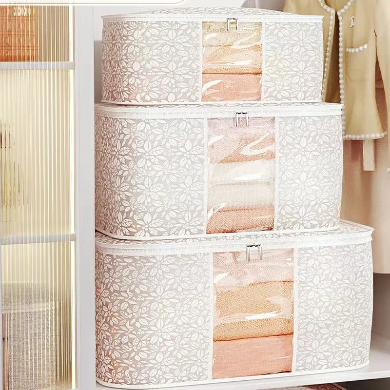 

Clothes Quilt Blanket Wardrobe Clothing Organizer Transparent Flowers Foldable Storage Box Large Home Capacity Organizers