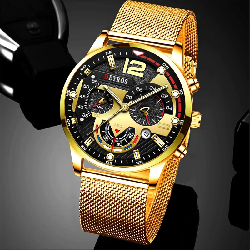 Men Fashion  Business Watches Luxury Gold Stainless Steel Mesh Belt Quartz Wrist Watch Luminous Clock Men Casual Leather Watch