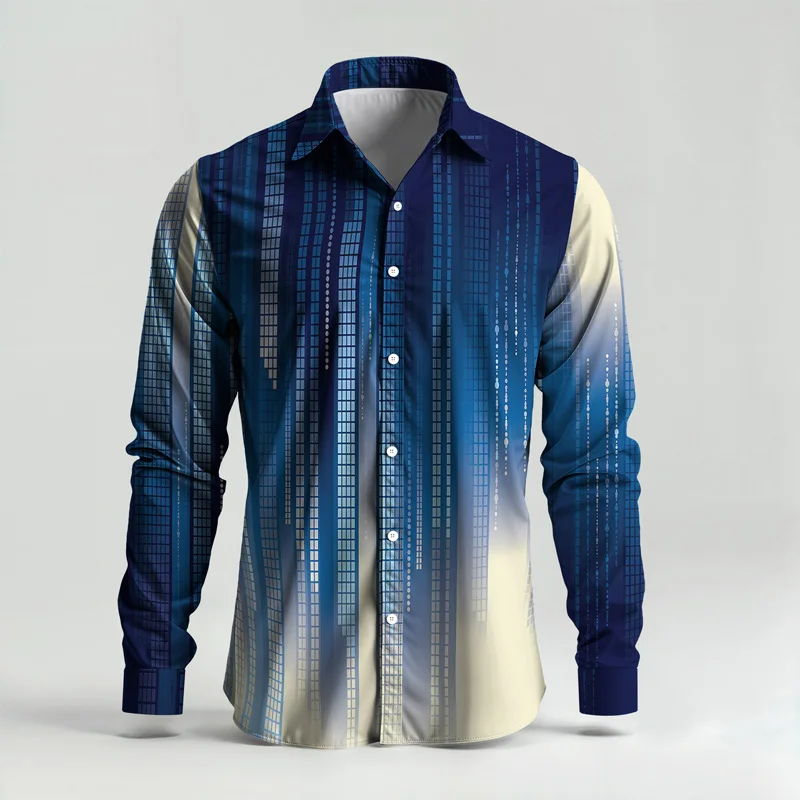 2025 New Arrival Men Shirt Set Geometry Print Summer Fashion Simple Two Piece Set Mens Gradient Lightweight Party Long Sleeves_voghion.com
