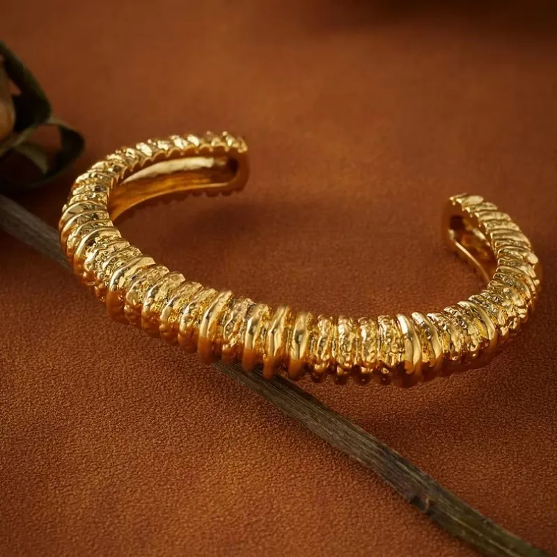 Exaggerate Stainless Steel Lava Textured Bangle Opening Multi-layer Metal Thick Open Bracelet 18K Gold Plated Femal Punk Jewelry