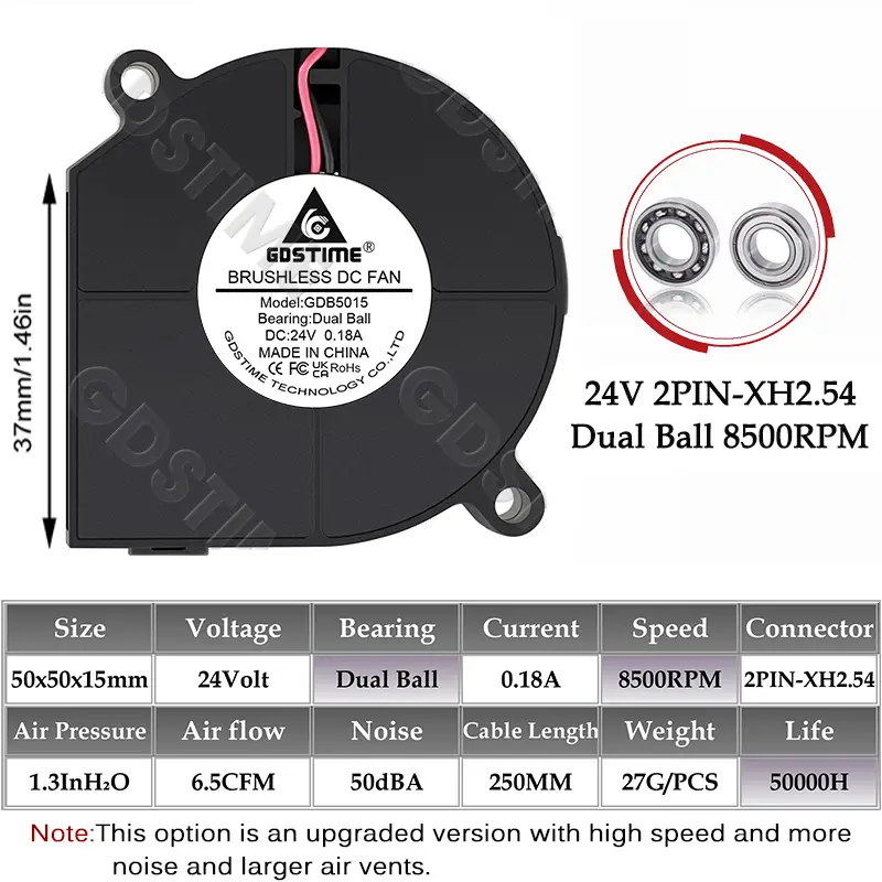 Gdstime 5015 Blower Fan 24V 12V 5V 50MMx15MM Turbine Radial Fan 5015 Dual Ball High Speed Cooler for 3D Printer Parts Cooling image 7