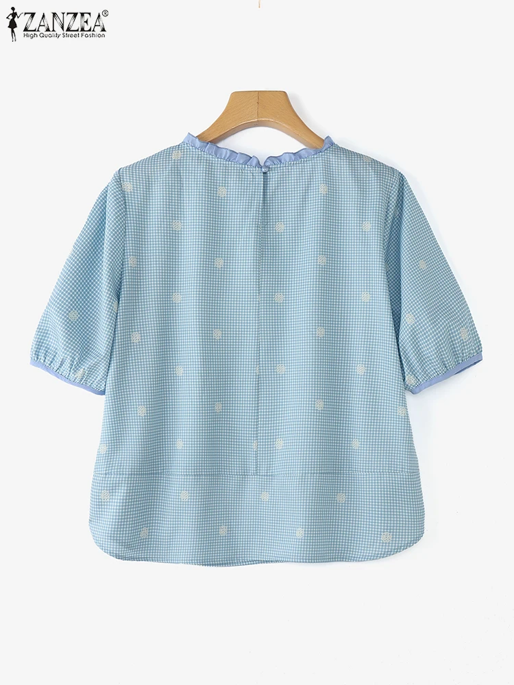 Vintage Plaid Casual Short Sleeve Women Blouse